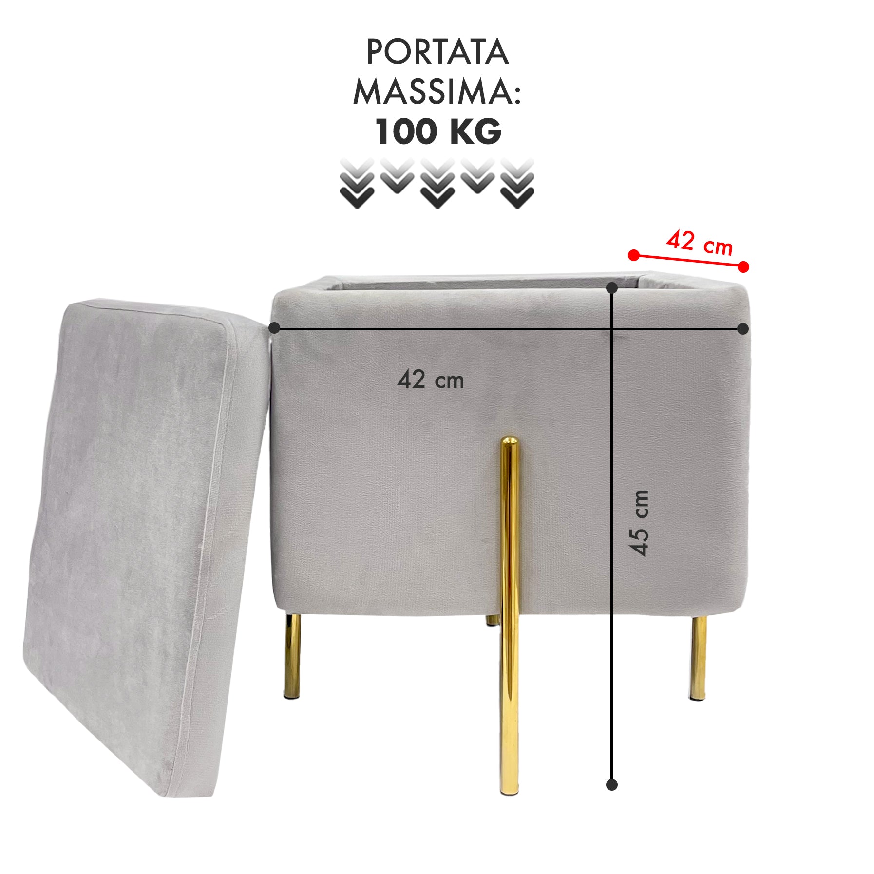 Pouf Contenitore in Velluto con Gambe in Metallo Oro – Poggiapiedi Moderno ed Elegante per Soggiorno, Camera e Ingresso Grigio