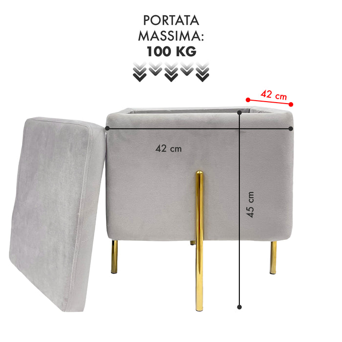Pouf Contenitore in Velluto con Gambe in Metallo Oro – Poggiapiedi Moderno ed Elegante per Soggiorno, Camera e Ingresso Grigio