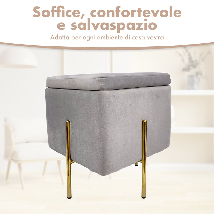 Pouf Contenitore in Velluto con Gambe in Metallo Oro – Poggiapiedi Moderno ed Elegante per Soggiorno, Camera e Ingresso Grigio