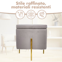 Pouf Contenitore in Velluto con Gambe in Metallo Oro – Poggiapiedi Moderno ed Elegante per Soggiorno, Camera e Ingresso Grigio