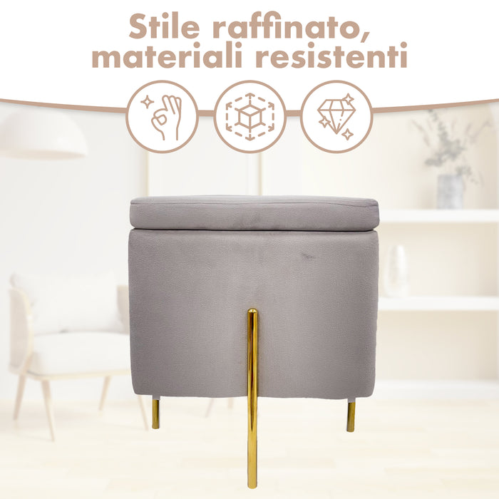 Pouf Contenitore in Velluto con Gambe in Metallo Oro – Poggiapiedi Moderno ed Elegante per Soggiorno, Camera e Ingresso Grigio