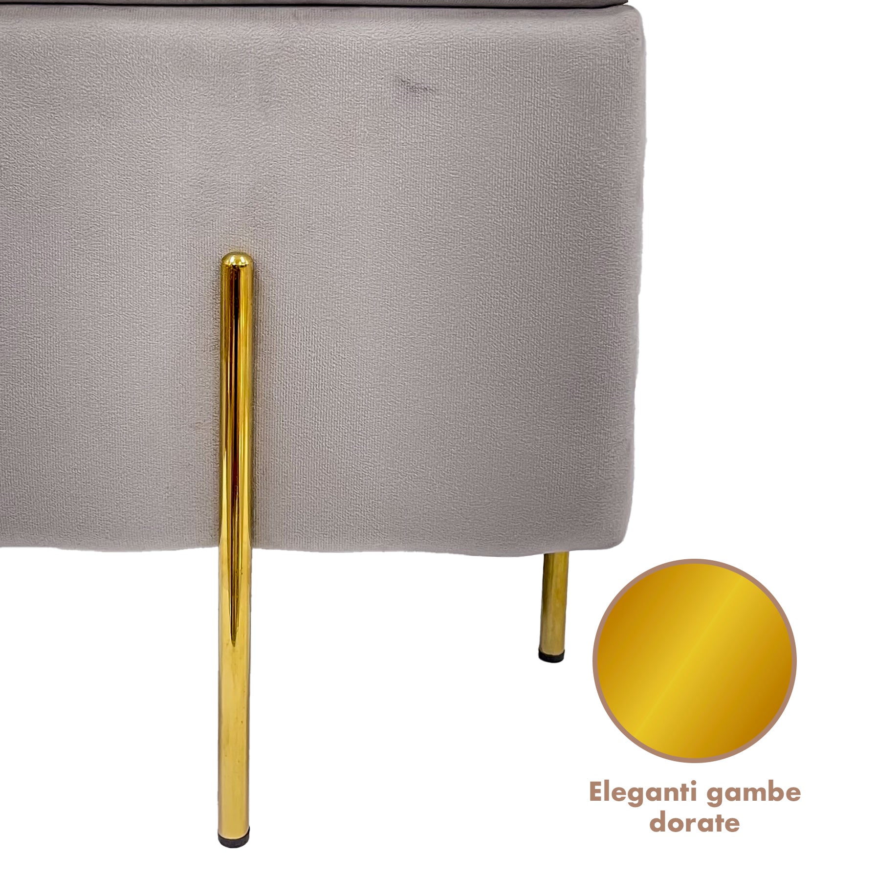 Pouf Contenitore in Velluto con Gambe in Metallo Oro – Poggiapiedi Moderno ed Elegante per Soggiorno, Camera e Ingresso Grigio