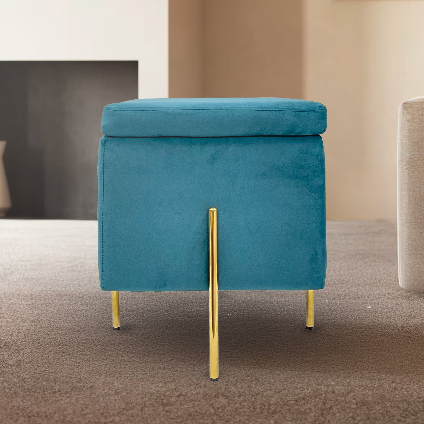 Pouf Contenitore in Velluto con Gambe in Metallo Oro – Poggiapiedi Moderno ed Elegante per Soggiorno, Camera e Ingresso Petrolio