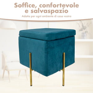 Pouf Contenitore in Velluto con Gambe in Metallo Oro – Poggiapiedi Moderno ed Elegante per Soggiorno, Camera e Ingresso Petrolio