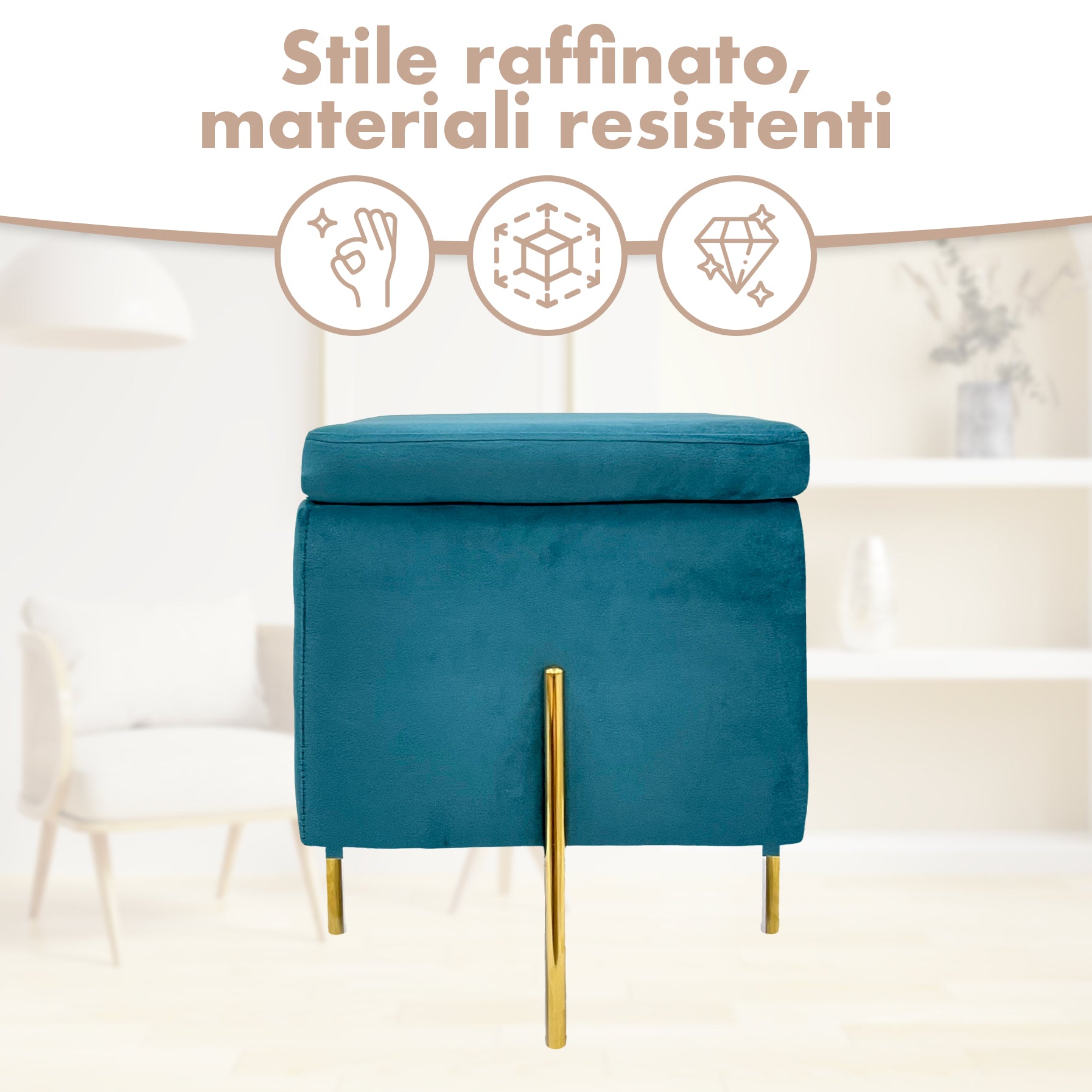 Pouf Contenitore in Velluto con Gambe in Metallo Oro – Poggiapiedi Moderno ed Elegante per Soggiorno, Camera e Ingresso Petrolio
