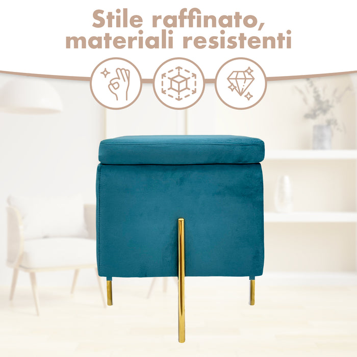 Pouf Contenitore in Velluto con Gambe in Metallo Oro – Poggiapiedi Moderno ed Elegante per Soggiorno, Camera e Ingresso Petrolio