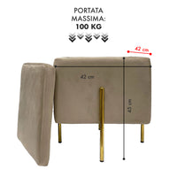 Pouf Contenitore in Velluto con Gambe in Metallo Oro – Poggiapiedi Moderno ed Elegante per Soggiorno, Camera e Ingresso Tortora