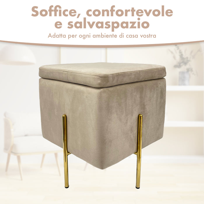 Pouf Contenitore in Velluto con Gambe in Metallo Oro – Poggiapiedi Moderno ed Elegante per Soggiorno, Camera e Ingresso Tortora