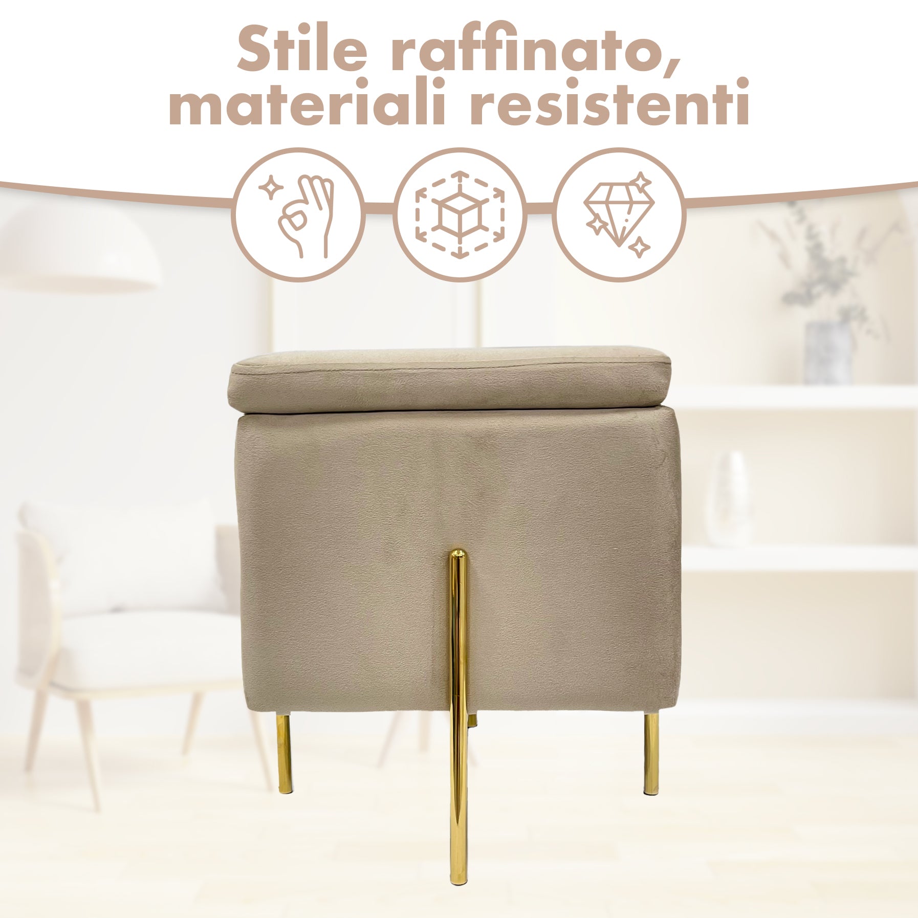 Pouf Contenitore in Velluto con Gambe in Metallo Oro – Poggiapiedi Moderno ed Elegante per Soggiorno, Camera e Ingresso Tortora