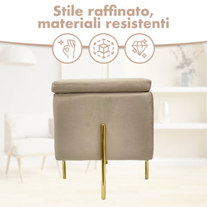 Pouf Contenitore in Velluto con Gambe in Metallo Oro – Poggiapiedi Moderno ed Elegante per Soggiorno, Camera e Ingresso Tortora