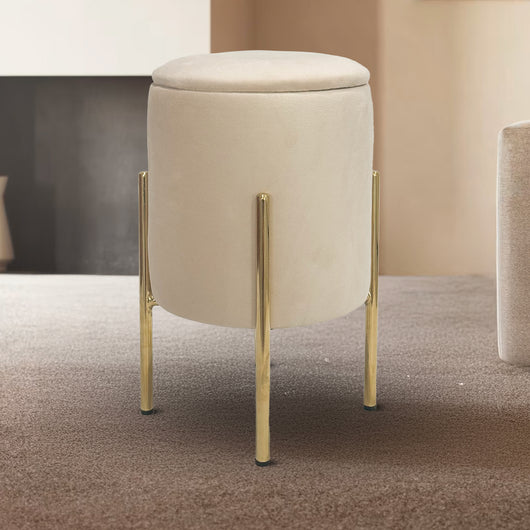 Pouf Contenitore in Velluto Moderno con Gambe Oro – Poggiapiedi Salvaspazio, Sgabello Arredo Elegante 30x45 cm per Soggiorno e Camera Beige