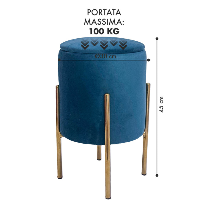 Pouf Contenitore in Velluto Moderno con Gambe Oro – Poggiapiedi Salvaspazio, Sgabello Arredo Elegante 30x45 cm per Soggiorno e Camera Petrolio
