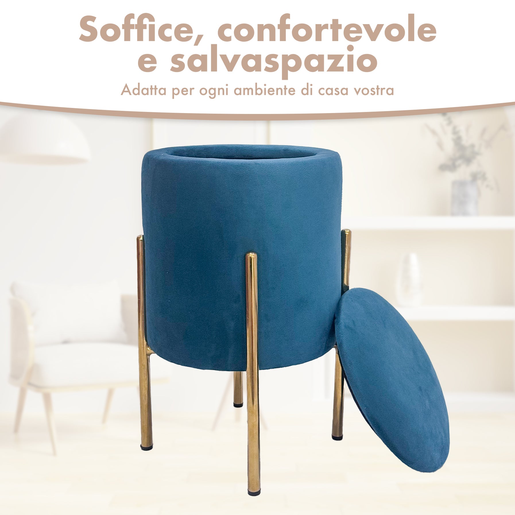 Pouf Contenitore in Velluto Moderno con Gambe Oro – Poggiapiedi Salvaspazio, Sgabello Arredo Elegante 30x45 cm per Soggiorno e Camera Petrolio