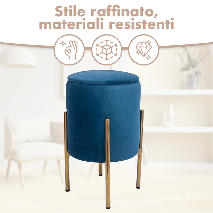 Pouf Contenitore in Velluto Moderno con Gambe Oro – Poggiapiedi Salvaspazio, Sgabello Arredo Elegante 30x45 cm per Soggiorno e Camera Petrolio
