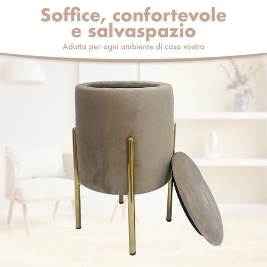 Pouf Contenitore in Velluto Moderno con Gambe Oro – Poggiapiedi Salvaspazio, Sgabello Arredo Elegante 30x45 cm per Soggiorno e Camera Tortora