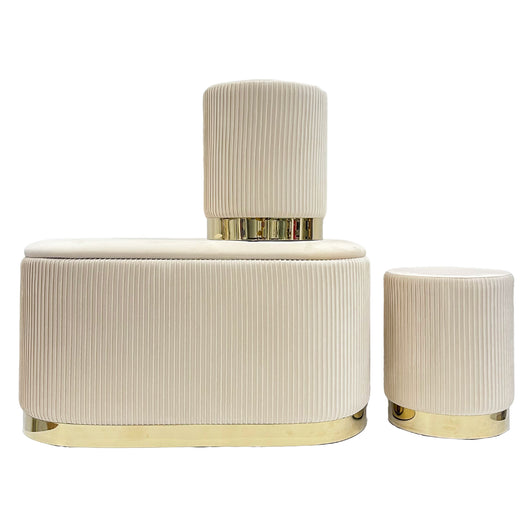 Set 3 Pouf in Velluto – Panca Contenitore Grande Con Cuscino 42x80 cm + 2 Pouf Piccoli 29x35 cm, Design Moderno Elegante, Poggiapiedi e Seduta Aggiuntiva Beige