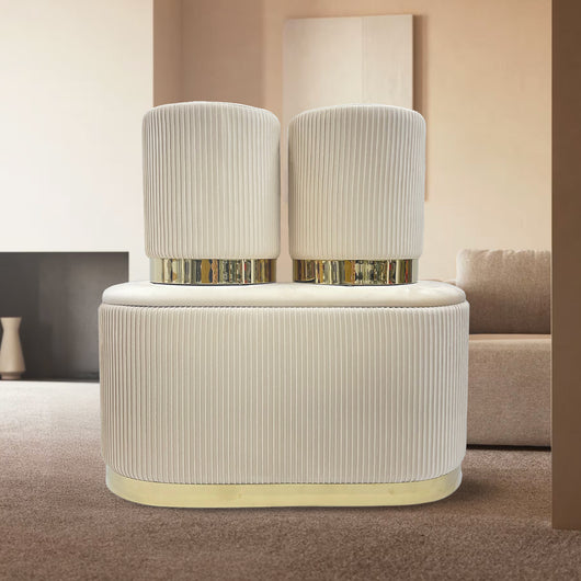 Set 3 Pouf in Velluto – Panca Contenitore Grande Con Cuscino 42x80 cm + 2 Pouf Piccoli 29x35 cm, Design Moderno Elegante, Poggiapiedi e Seduta Aggiuntiva Beige