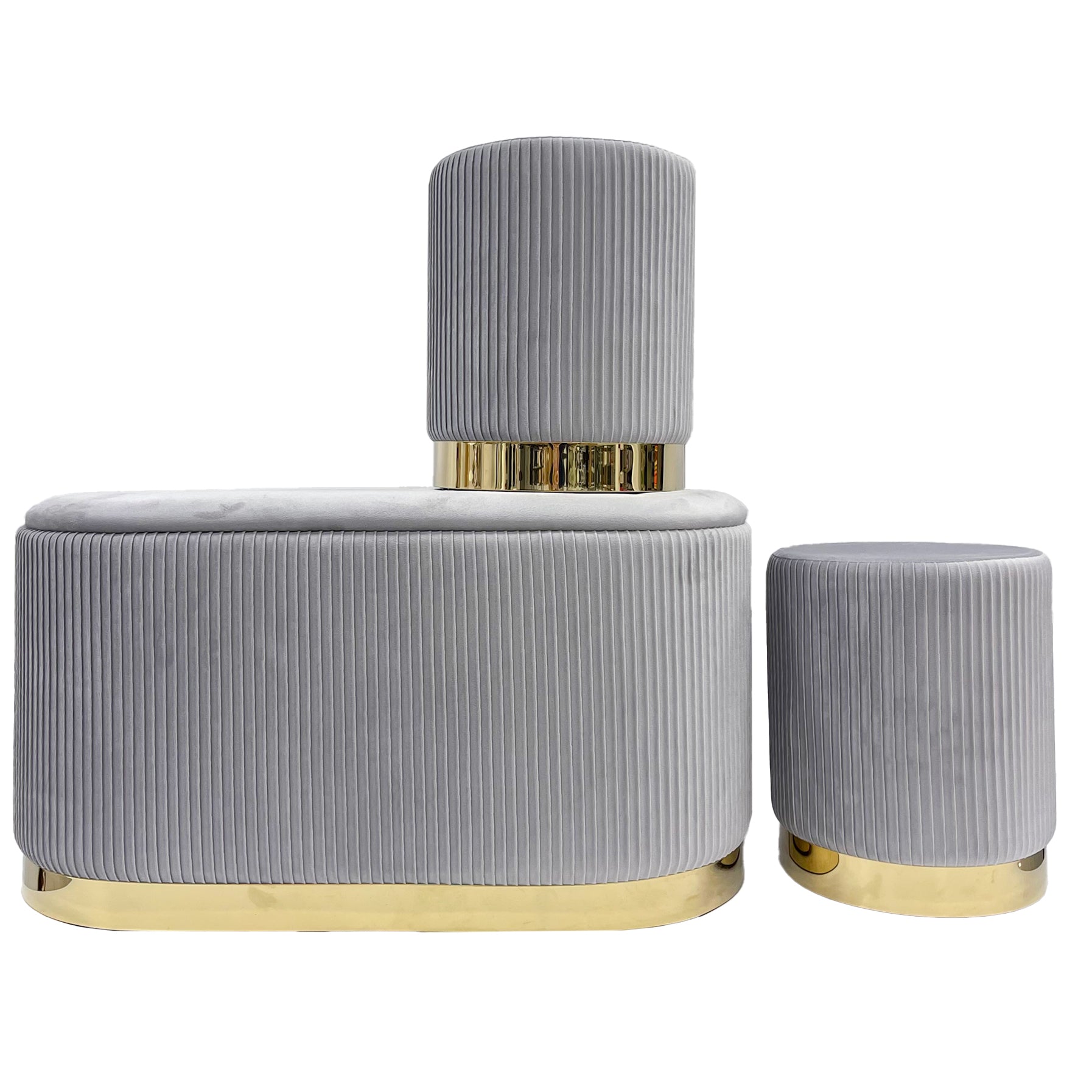 Set 3 Pouf in Velluto – Panca Contenitore Grande Con Cuscino 42x80 cm + 2 Pouf Piccoli 29x35 cm, Design Moderno Elegante, Poggiapiedi e Seduta Aggiuntiva Grigio