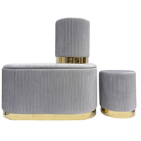 Set 3 Pouf in Velluto – Panca Contenitore Grande Con Cuscino 42x80 cm + 2 Pouf Piccoli 29x35 cm, Design Moderno Elegante, Poggiapiedi e Seduta Aggiuntiva Grigio