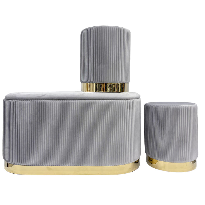 Set 3 Pouf in Velluto – Panca Contenitore Grande Con Cuscino 42x80 cm + 2 Pouf Piccoli 29x35 cm, Design Moderno Elegante, Poggiapiedi e Seduta Aggiuntiva Grigio