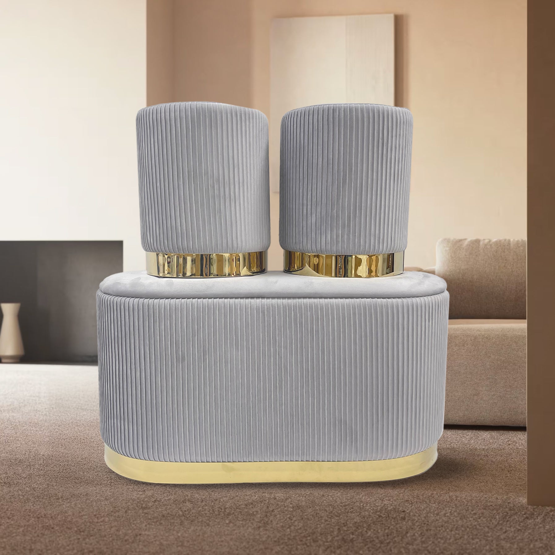Set 3 Pouf in Velluto – Panca Contenitore Grande Con Cuscino 42x80 cm + 2 Pouf Piccoli 29x35 cm, Design Moderno Elegante, Poggiapiedi e Seduta Aggiuntiva Grigio