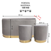 Set 3 Pouf in Velluto – Panca Contenitore Grande Con Cuscino 42x80 cm + 2 Pouf Piccoli 29x35 cm, Design Moderno Elegante, Poggiapiedi e Seduta Aggiuntiva Grigio