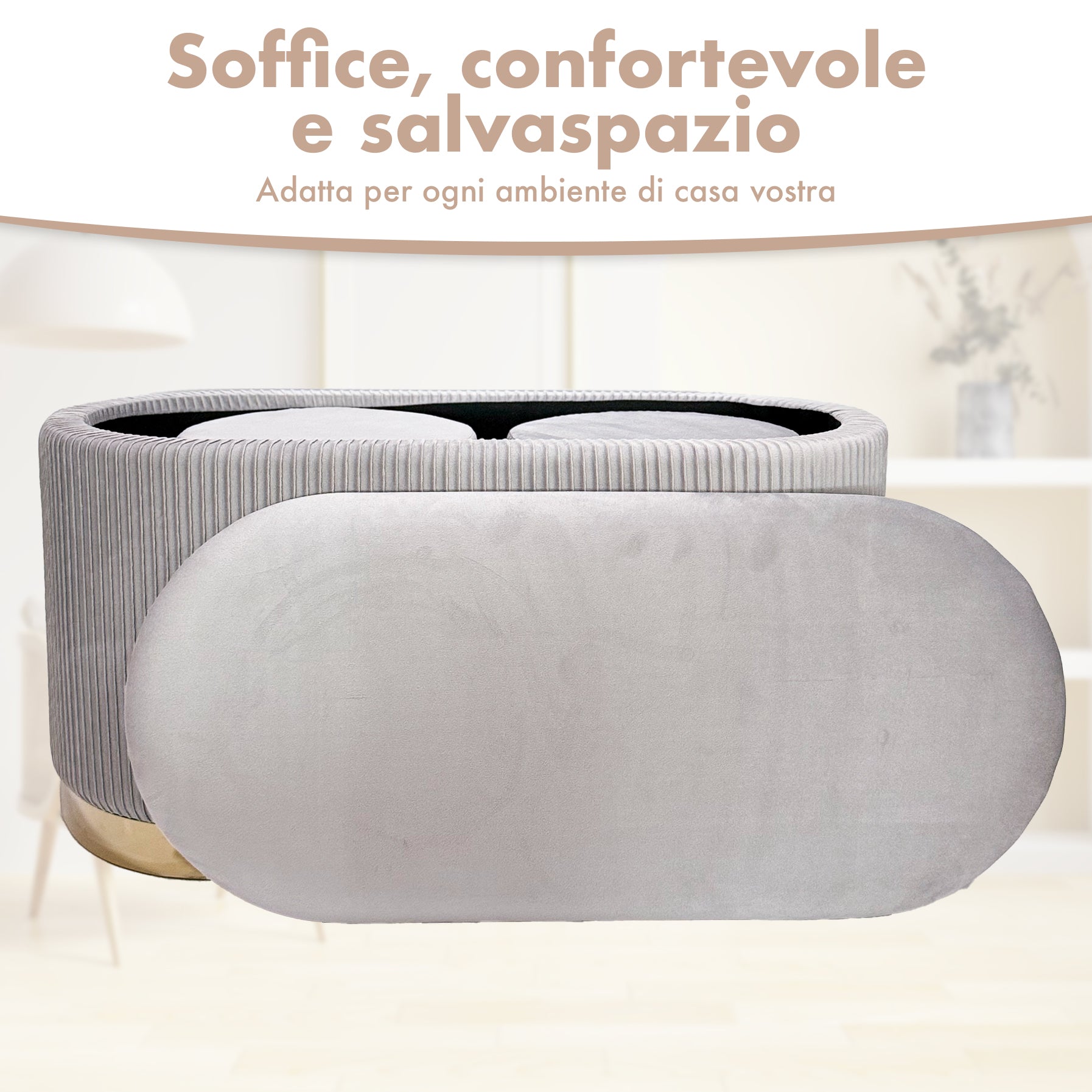 Set 3 Pouf in Velluto – Panca Contenitore Grande Con Cuscino 42x80 cm + 2 Pouf Piccoli 29x35 cm, Design Moderno Elegante, Poggiapiedi e Seduta Aggiuntiva Grigio