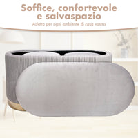 Set 3 Pouf in Velluto – Panca Contenitore Grande Con Cuscino 42x80 cm + 2 Pouf Piccoli 29x35 cm, Design Moderno Elegante, Poggiapiedi e Seduta Aggiuntiva Grigio