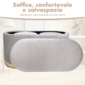 Set 3 Pouf in Velluto – Panca Contenitore Grande Con Cuscino 42x80 cm + 2 Pouf Piccoli 29x35 cm, Design Moderno Elegante, Poggiapiedi e Seduta Aggiuntiva Grigio