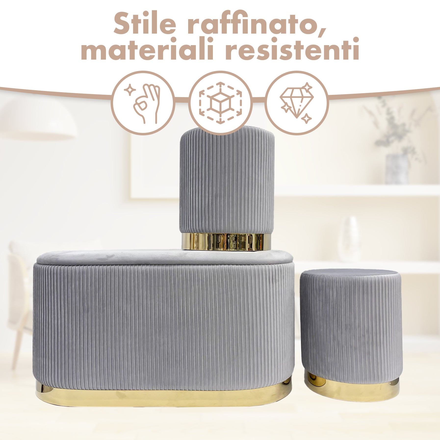Set 3 Pouf in Velluto – Panca Contenitore Grande Con Cuscino 42x80 cm + 2 Pouf Piccoli 29x35 cm, Design Moderno Elegante, Poggiapiedi e Seduta Aggiuntiva Grigio