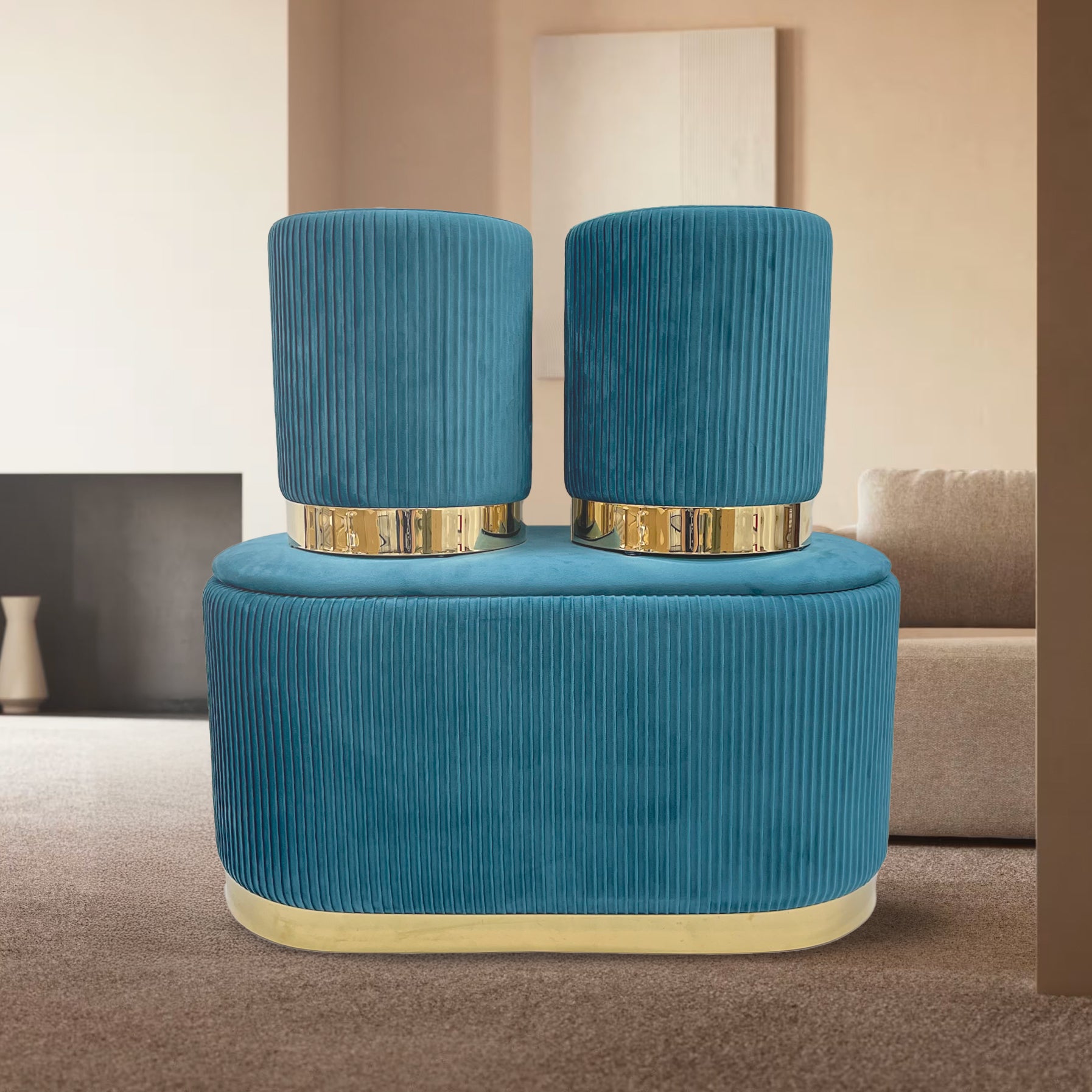 Set 3 Pouf in Velluto – Panca Contenitore Grande Con Cuscino 42x80 cm + 2 Pouf Piccoli 29x35 cm, Design Moderno Elegante, Poggiapiedi e Seduta Aggiuntiva Petrolio