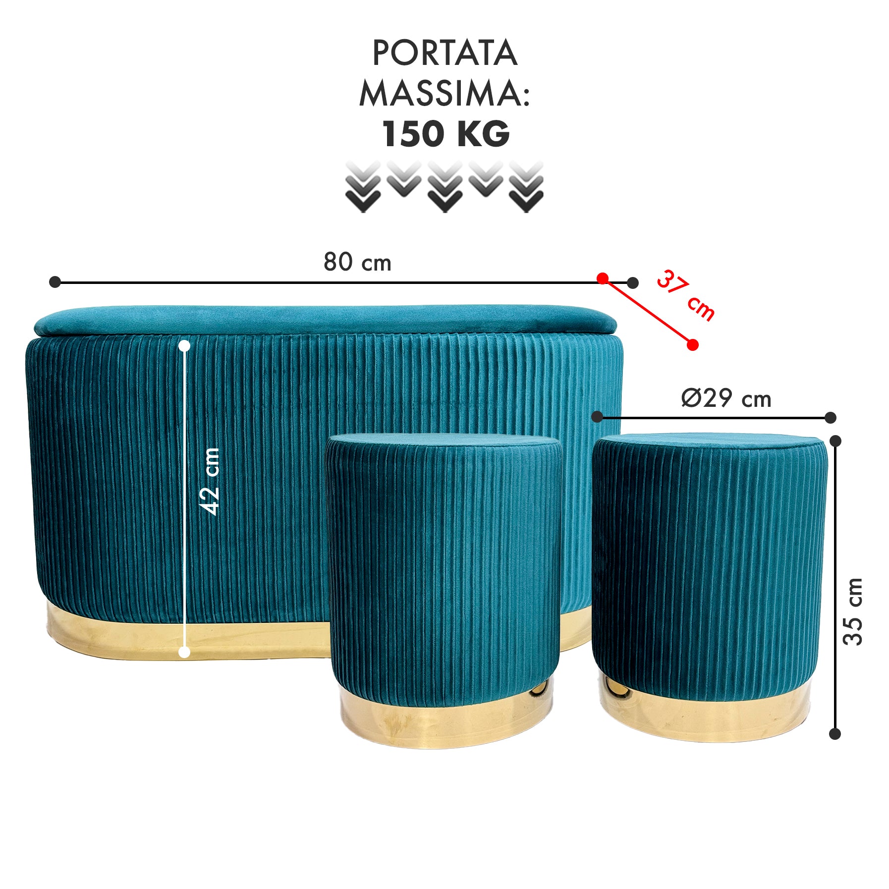 Set 3 Pouf in Velluto – Panca Contenitore Grande Con Cuscino 42x80 cm + 2 Pouf Piccoli 29x35 cm, Design Moderno Elegante, Poggiapiedi e Seduta Aggiuntiva Petrolio