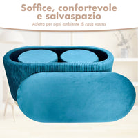 Set 3 Pouf in Velluto – Panca Contenitore Grande Con Cuscino 42x80 cm + 2 Pouf Piccoli 29x35 cm, Design Moderno Elegante, Poggiapiedi e Seduta Aggiuntiva Petrolio