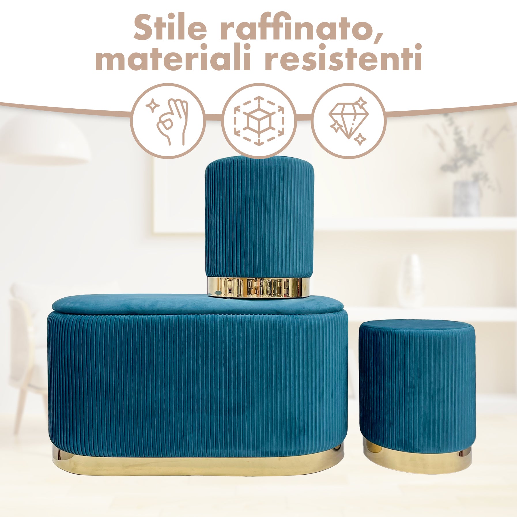 Set 3 Pouf in Velluto – Panca Contenitore Grande Con Cuscino 42x80 cm + 2 Pouf Piccoli 29x35 cm, Design Moderno Elegante, Poggiapiedi e Seduta Aggiuntiva Petrolio