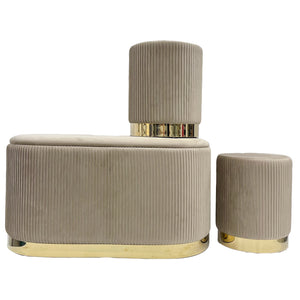 Set 3 Pouf in Velluto – Panca Contenitore Grande Con Cuscino 42x80 cm + 2 Pouf Piccoli 29x35 cm, Design Moderno Elegante, Poggiapiedi e Seduta Aggiuntiva Tortora