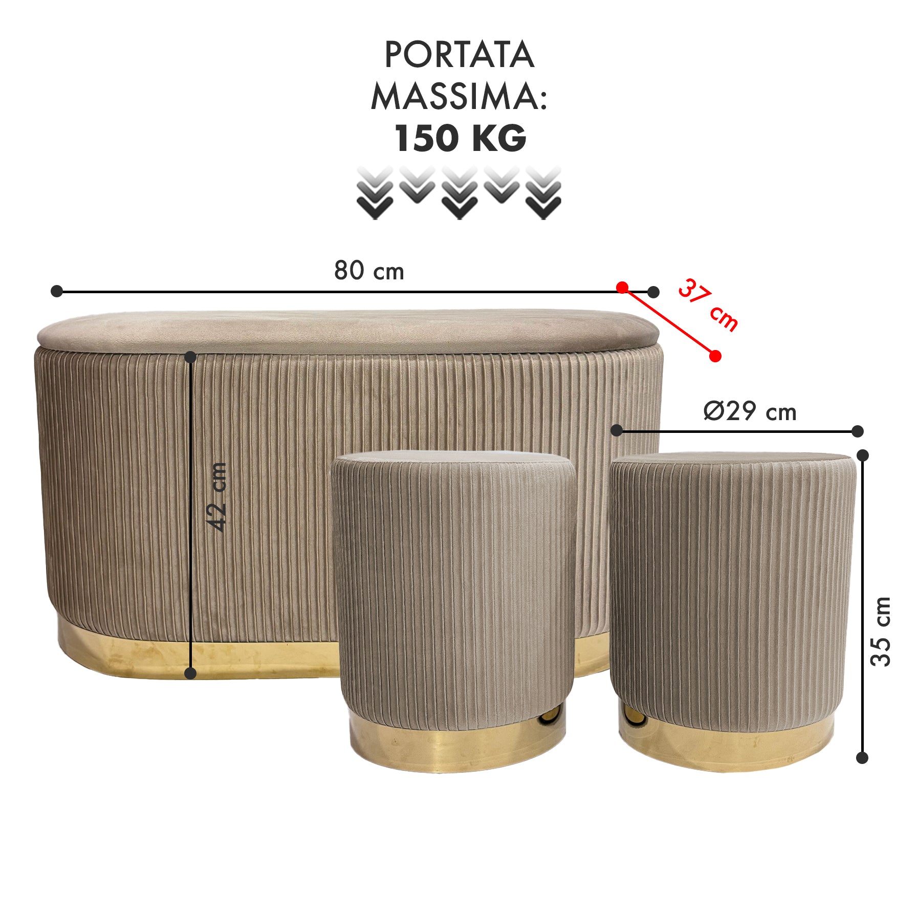 Set 3 Pouf in Velluto – Panca Contenitore Grande Con Cuscino 42x80 cm + 2 Pouf Piccoli 29x35 cm, Design Moderno Elegante, Poggiapiedi e Seduta Aggiuntiva Tortora