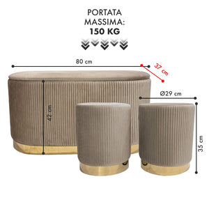 Set 3 Pouf in Velluto – Panca Contenitore Grande Con Cuscino 42x80 cm + 2 Pouf Piccoli 29x35 cm, Design Moderno Elegante, Poggiapiedi e Seduta Aggiuntiva Tortora