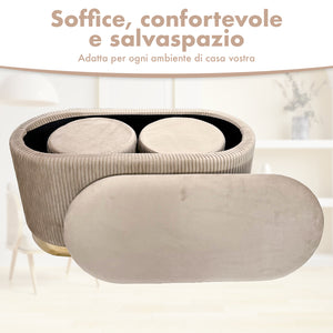 Set 3 Pouf in Velluto – Panca Contenitore Grande Con Cuscino 42x80 cm + 2 Pouf Piccoli 29x35 cm, Design Moderno Elegante, Poggiapiedi e Seduta Aggiuntiva Tortora