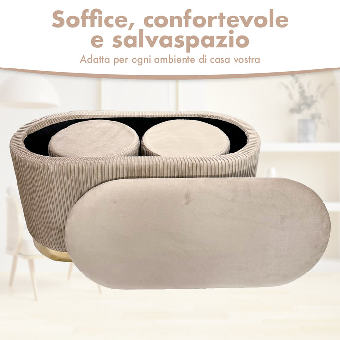 Set 3 Pouf in Velluto – Panca Contenitore Grande Con Cuscino 42x80 cm + 2 Pouf Piccoli 29x35 cm, Design Moderno Elegante, Poggiapiedi e Seduta Aggiuntiva Tortora