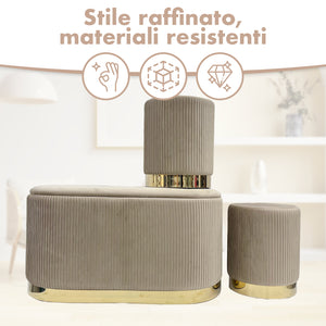 Set 3 Pouf in Velluto – Panca Contenitore Grande Con Cuscino 42x80 cm + 2 Pouf Piccoli 29x35 cm, Design Moderno Elegante, Poggiapiedi e Seduta Aggiuntiva Tortora