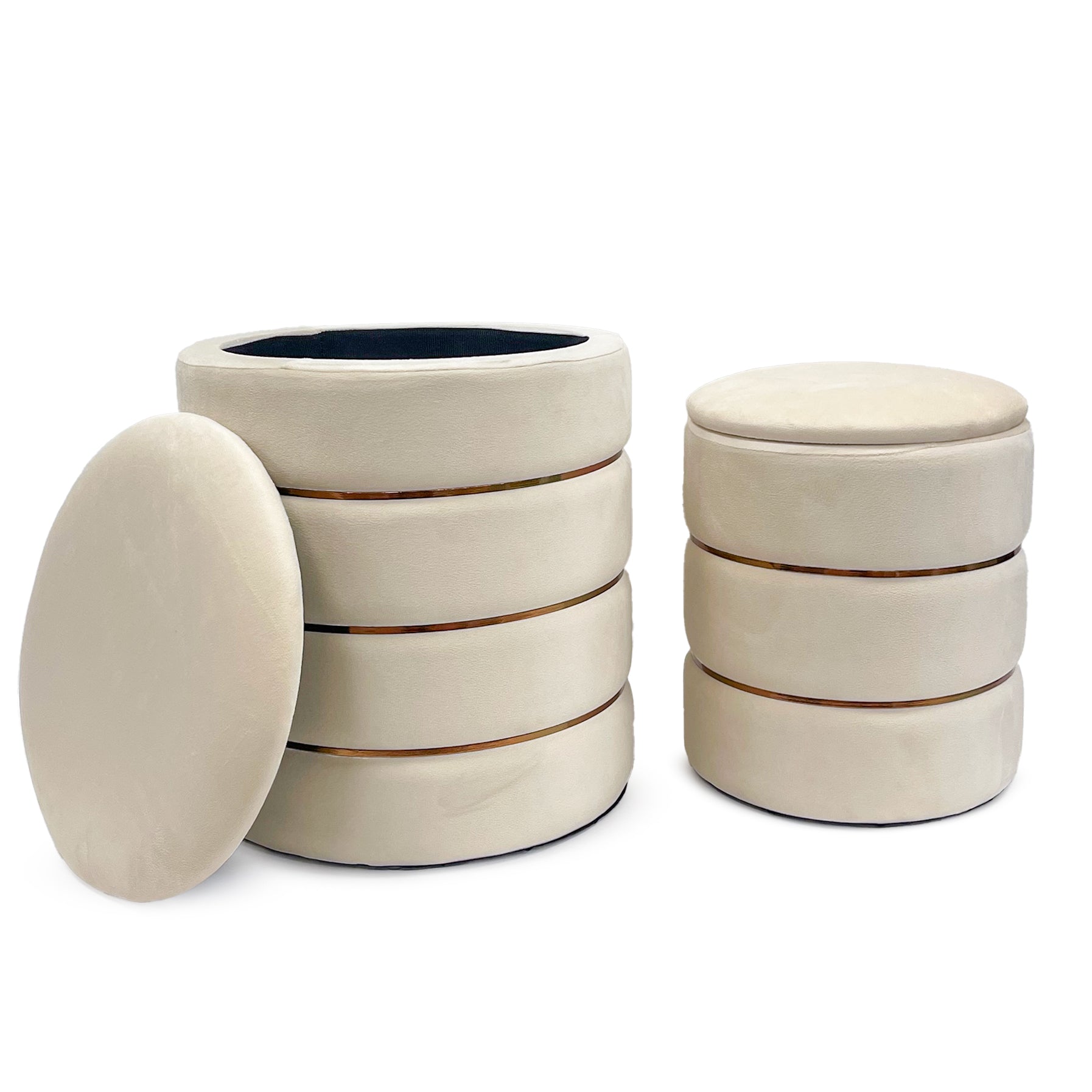 Set 2 Pouf Contenitori in Velluto – Pouf Arredo Moderni Impilabili, Poggiapiedi con Contenitore Salvaspazio, 4 Colori – Grande 37x41 cm, Medio 28x34 cm   Beige