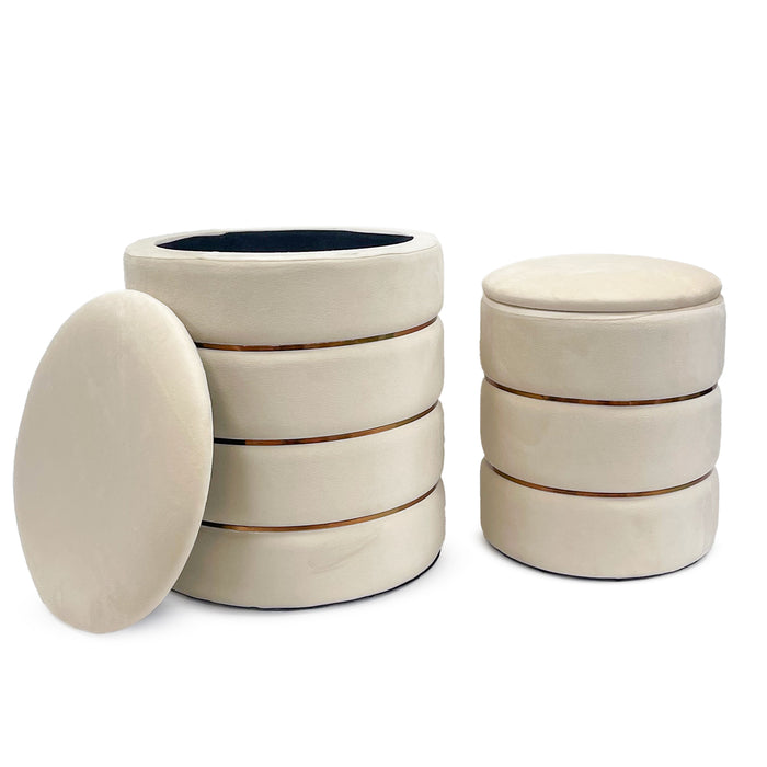 Set 2 Pouf Contenitori in Velluto – Pouf Arredo Moderni Impilabili, Poggiapiedi con Contenitore Salvaspazio, 4 Colori – Grande 37x41 cm, Medio 28x34 cm   Beige