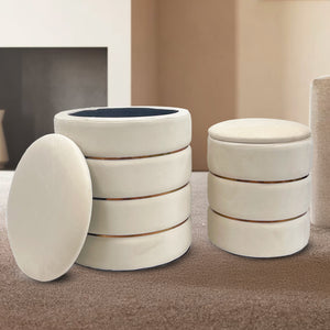 Set 2 Pouf Contenitori in Velluto – Pouf Arredo Moderni Impilabili, Poggiapiedi con Contenitore Salvaspazio, 4 Colori – Grande 37x41 cm, Medio 28x34 cm   Beige