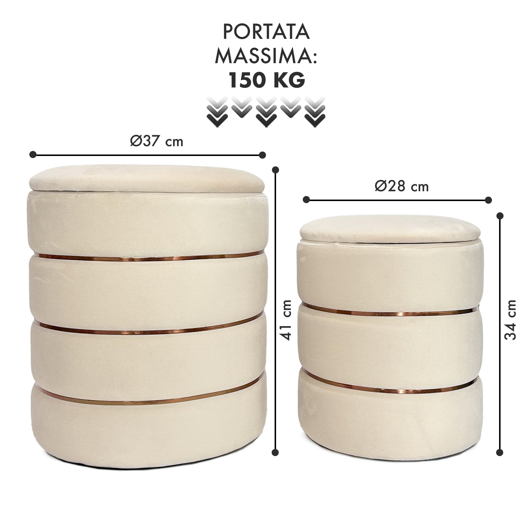 Set 2 Pouf Contenitori in Velluto – Pouf Arredo Moderni Impilabili, Poggiapiedi con Contenitore Salvaspazio, 4 Colori – Grande 37x41 cm, Medio 28x34 cm   Beige