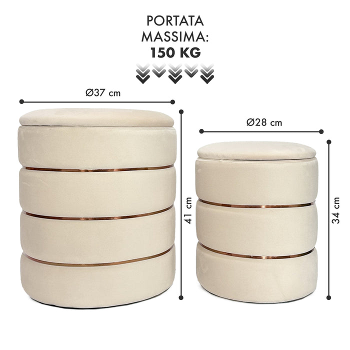 Set 2 Pouf Contenitori in Velluto – Pouf Arredo Moderni Impilabili, Poggiapiedi con Contenitore Salvaspazio, 4 Colori – Grande 37x41 cm, Medio 28x34 cm   Beige