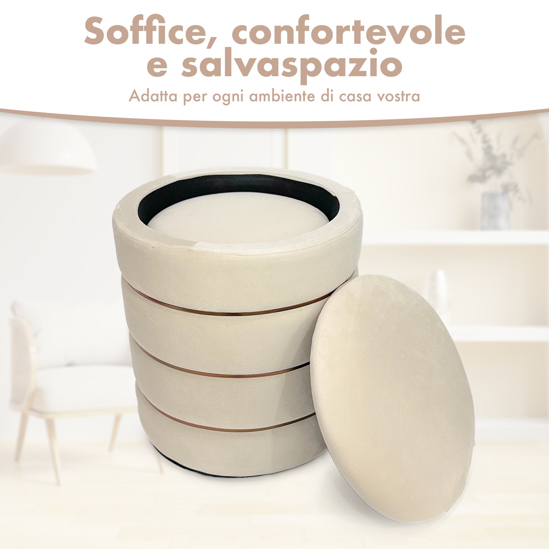 Set 2 Pouf Contenitori in Velluto – Pouf Arredo Moderni Impilabili, Poggiapiedi con Contenitore Salvaspazio, 4 Colori – Grande 37x41 cm, Medio 28x34 cm   Beige