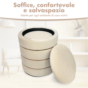Set 2 Pouf Contenitori in Velluto – Pouf Arredo Moderni Impilabili, Poggiapiedi con Contenitore Salvaspazio, 4 Colori – Grande 37x41 cm, Medio 28x34 cm   Beige