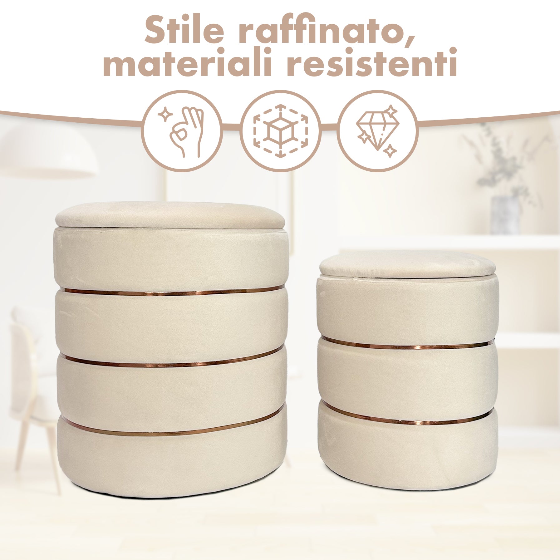 Set 2 Pouf Contenitori in Velluto – Pouf Arredo Moderni Impilabili, Poggiapiedi con Contenitore Salvaspazio, 4 Colori – Grande 37x41 cm, Medio 28x34 cm   Beige