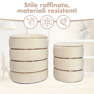 Set 2 Pouf Contenitori in Velluto – Pouf Arredo Moderni Impilabili, Poggiapiedi con Contenitore Salvaspazio, 4 Colori – Grande 37x41 cm, Medio 28x34 cm   Beige