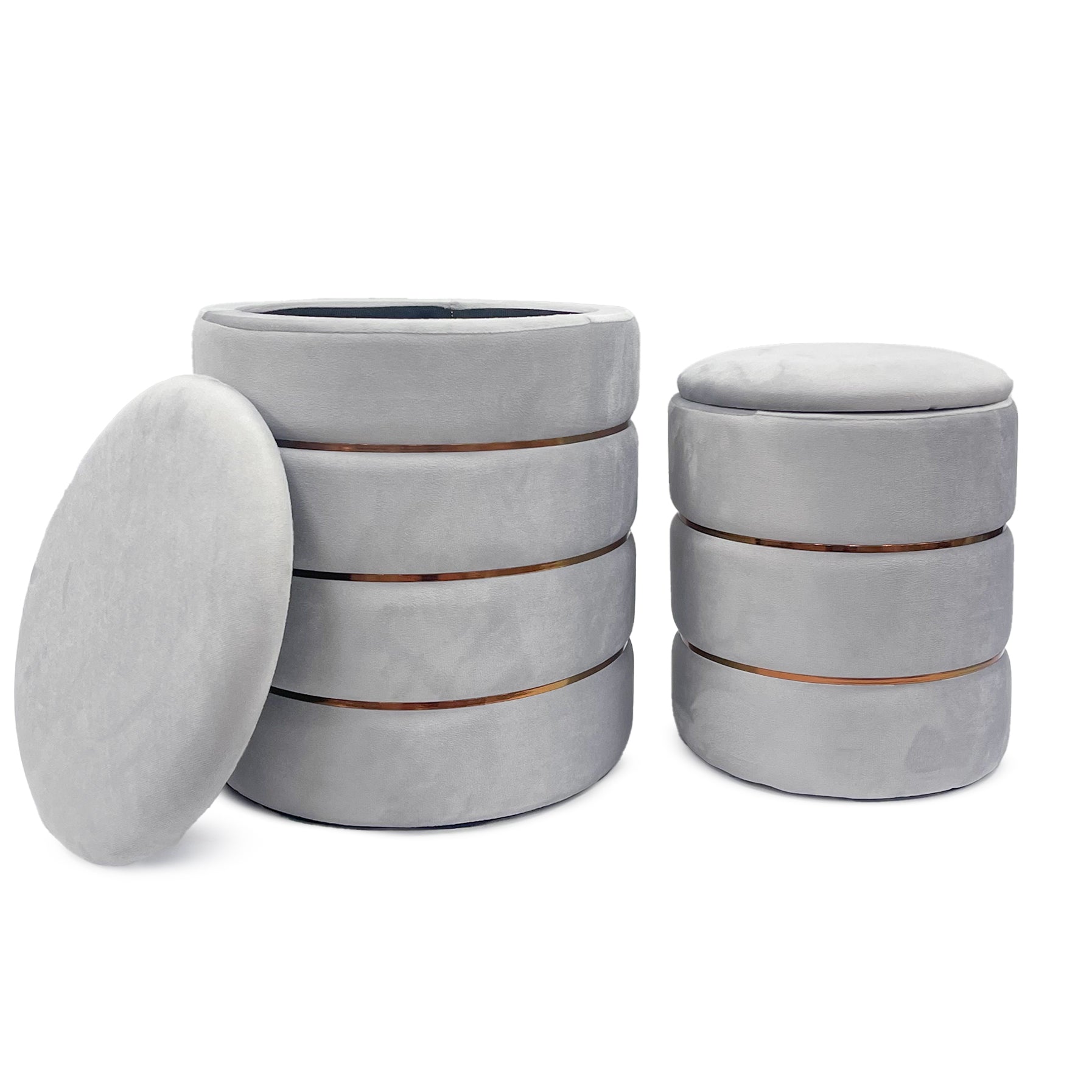 Set 2 Pouf Contenitori in Velluto – Pouf Arredo Moderni Impilabili, Poggiapiedi con Contenitore Salvaspazio, 4 Colori – Grande 37x41 cm, Medio 28x34 cm   Grigio